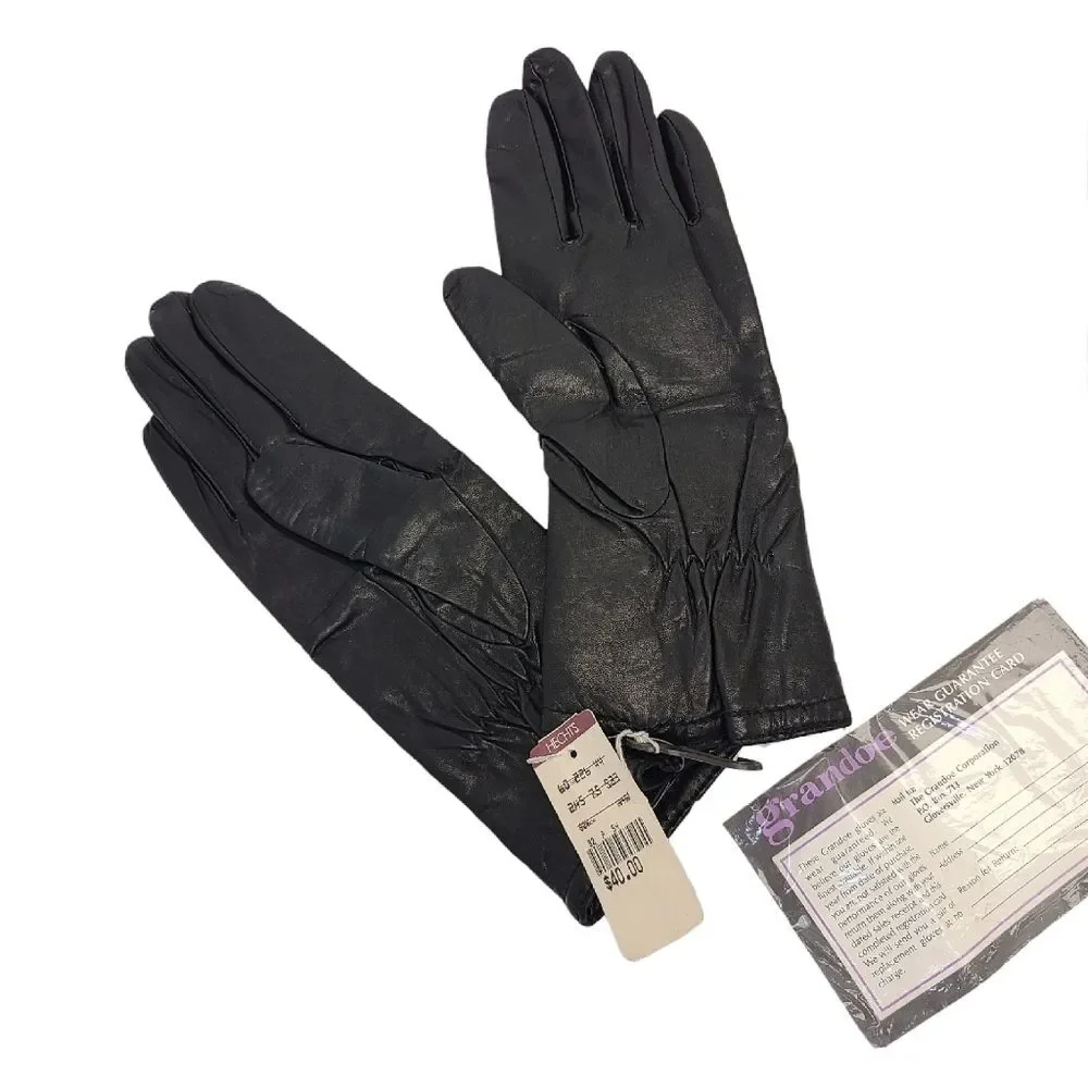 NWT Vintage Grandoe Womens Black Leather Gloves L